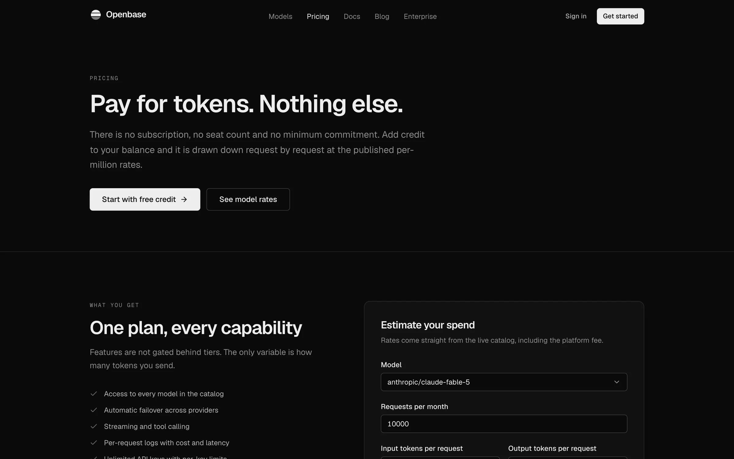 Openbase pricing page: “Pay for tokens. Nothing else.”